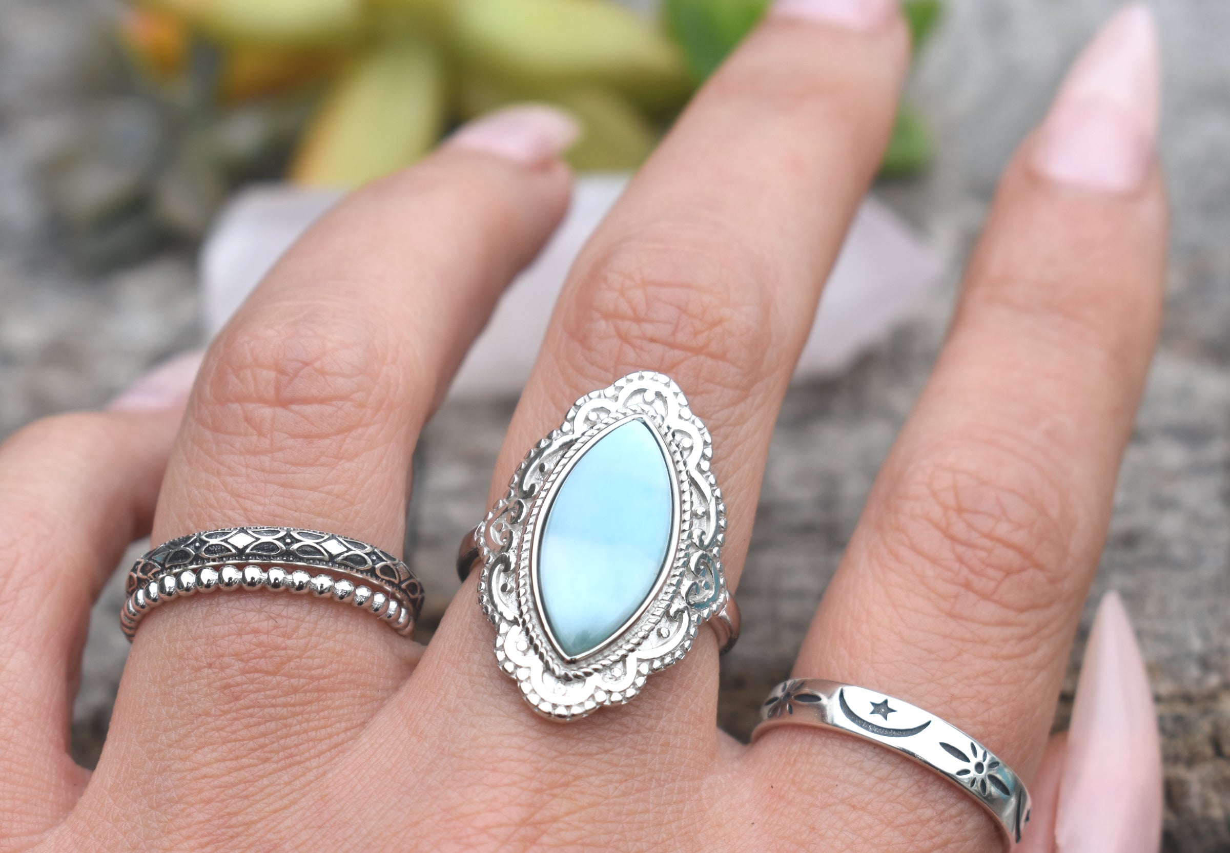 Larimar Ring in a Gorgeous Floral Setting .925 Sterling store Silver BALINESE!