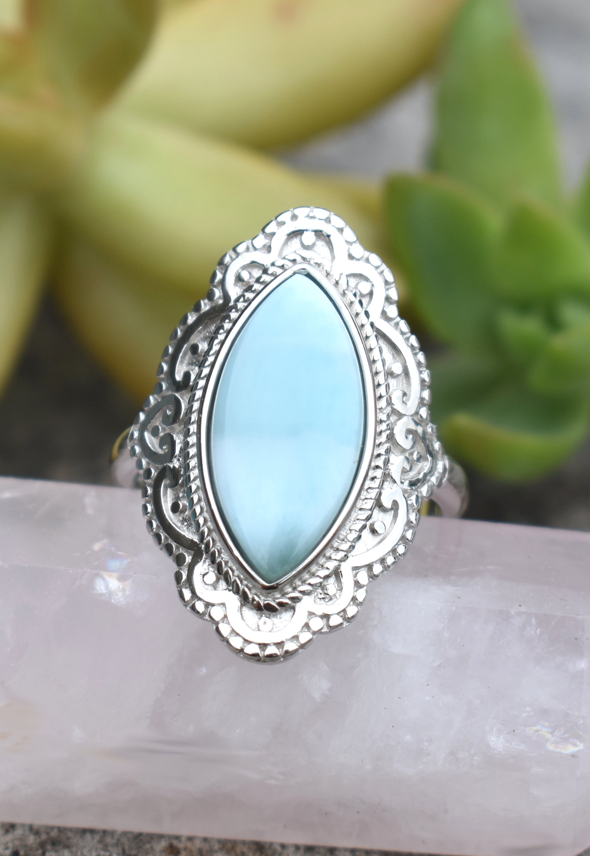 Larimar Ring in a Gorgeous Floral newest Setting .925 Sterling Silver BALINESE!