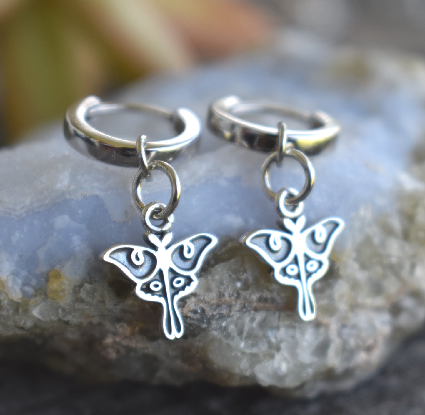 Luna Moth Huggie Hoops-Silver Hoop Earrings, Dangle Earrings, Moth Earrings