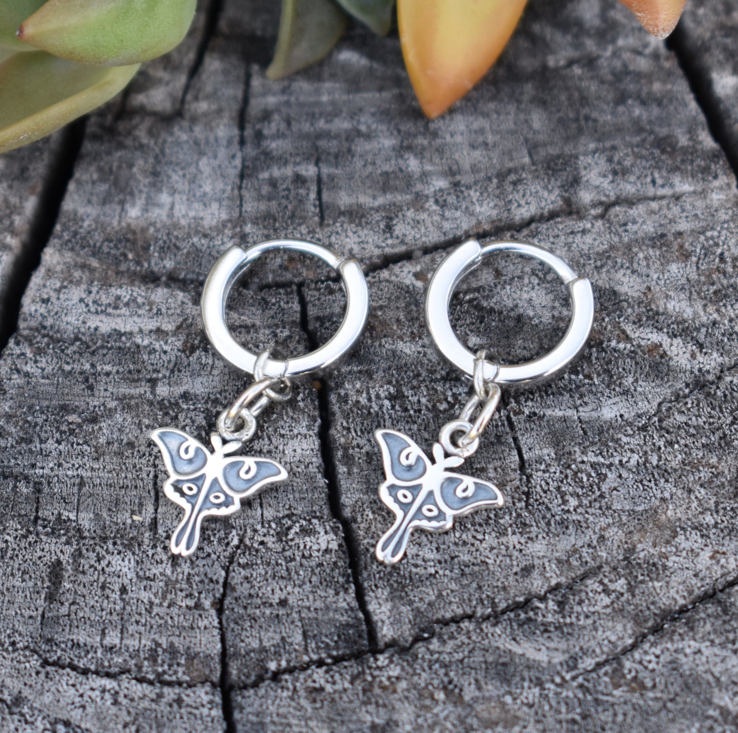 Luna Moth Huggie Hoops-Silver Hoop Earrings, Dangle Earrings, Moth Earrings