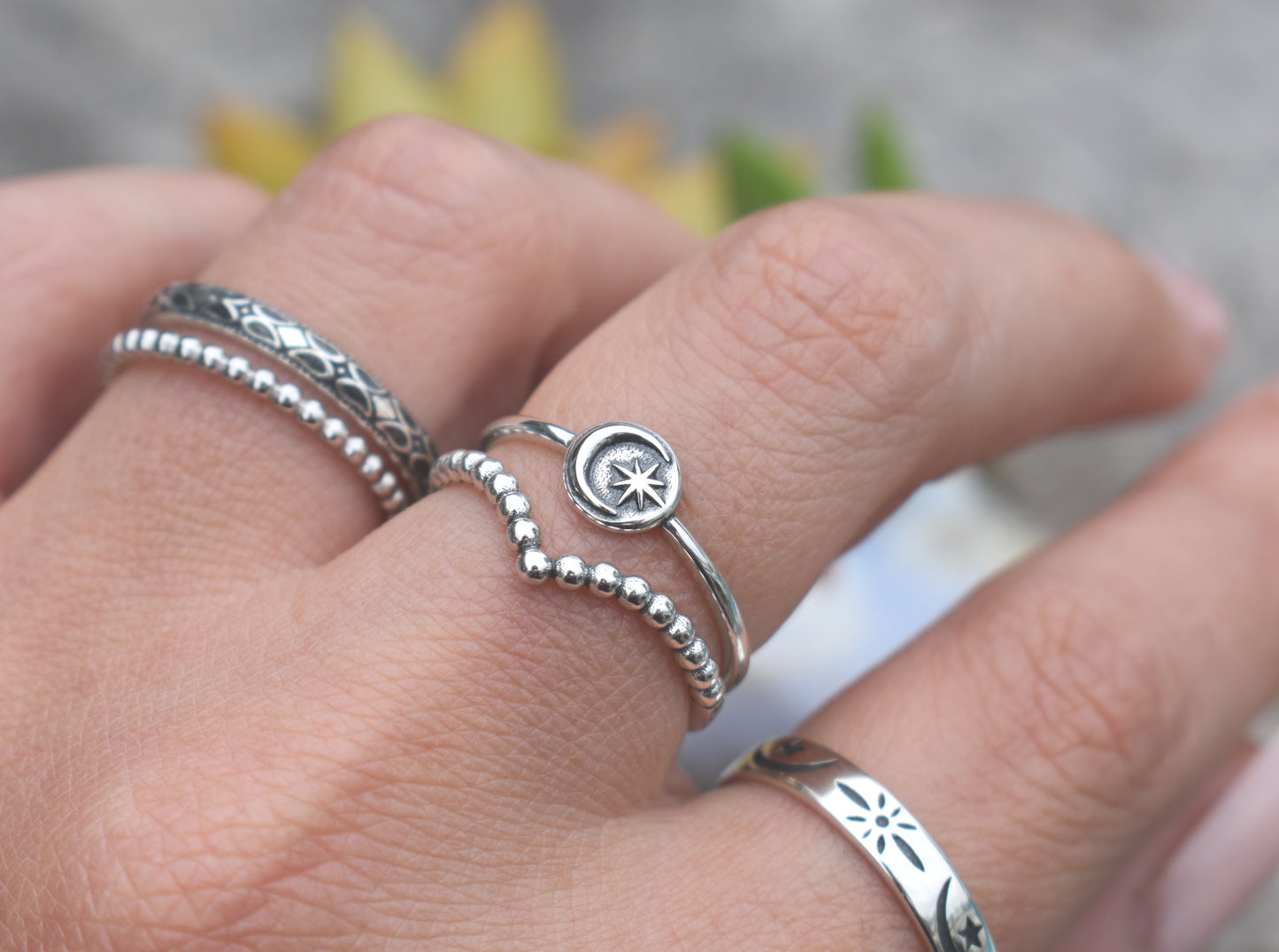 Crescent Moon Ring- Star Ring, Meditation ring, Sanskrit ring, Wedding Ring Band