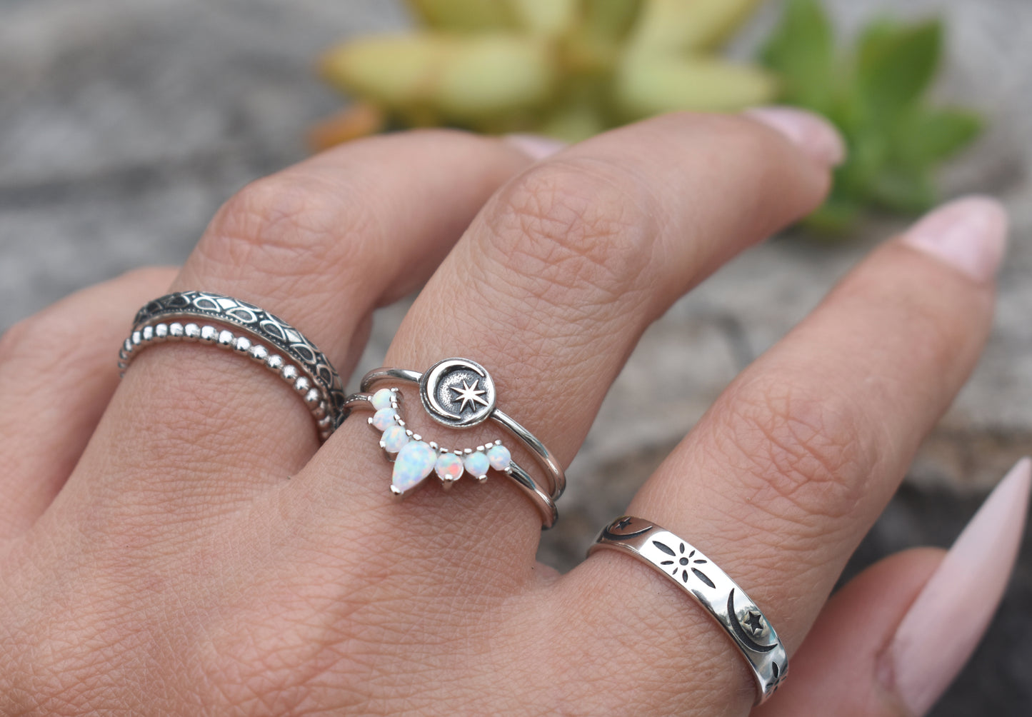 Crescent Moon Ring- Star Ring, Meditation ring, Sanskrit ring, Wedding Ring Band