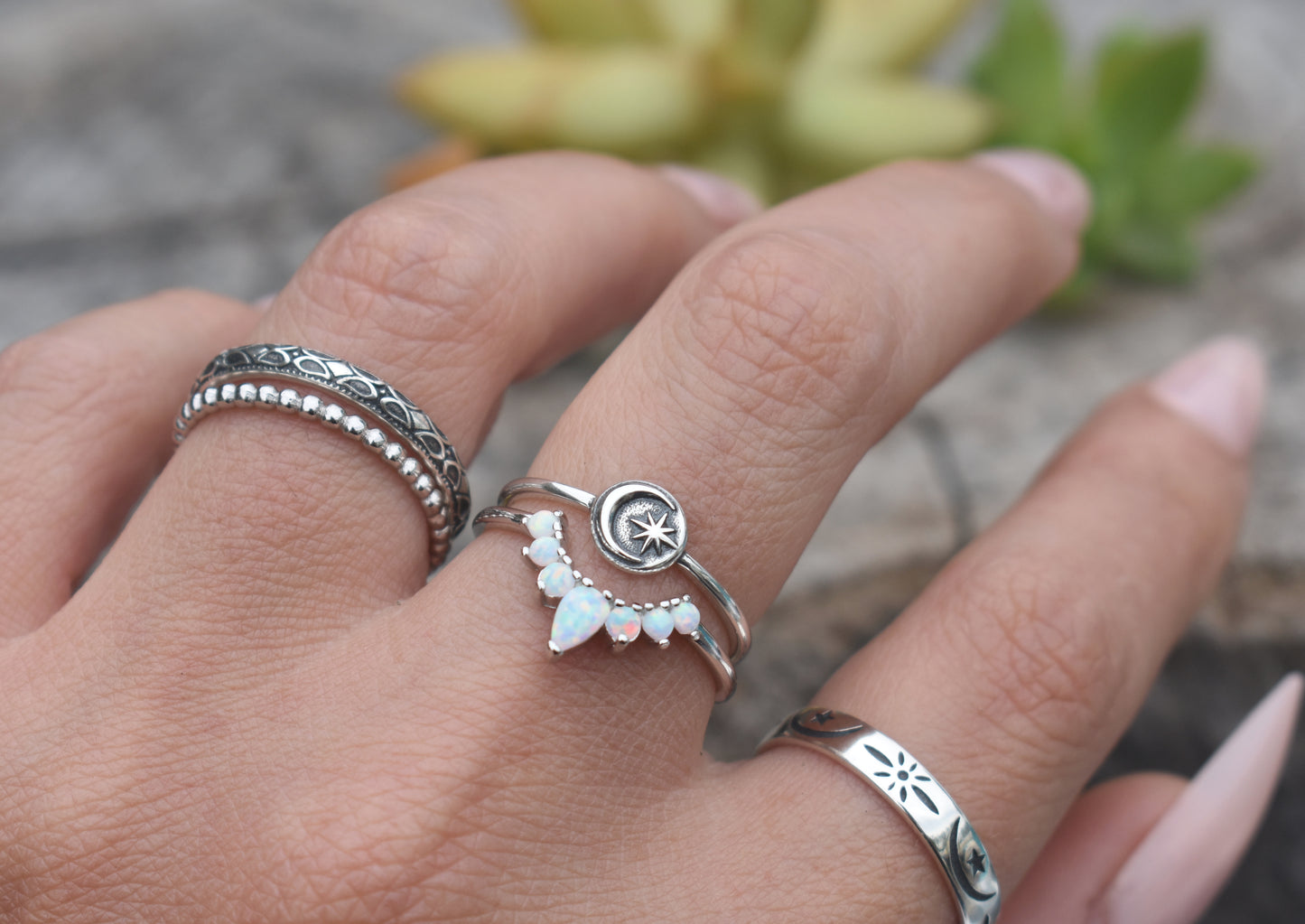 Crescent Moon Ring- Star Ring, Meditation ring, Sanskrit ring, Wedding Ring Band