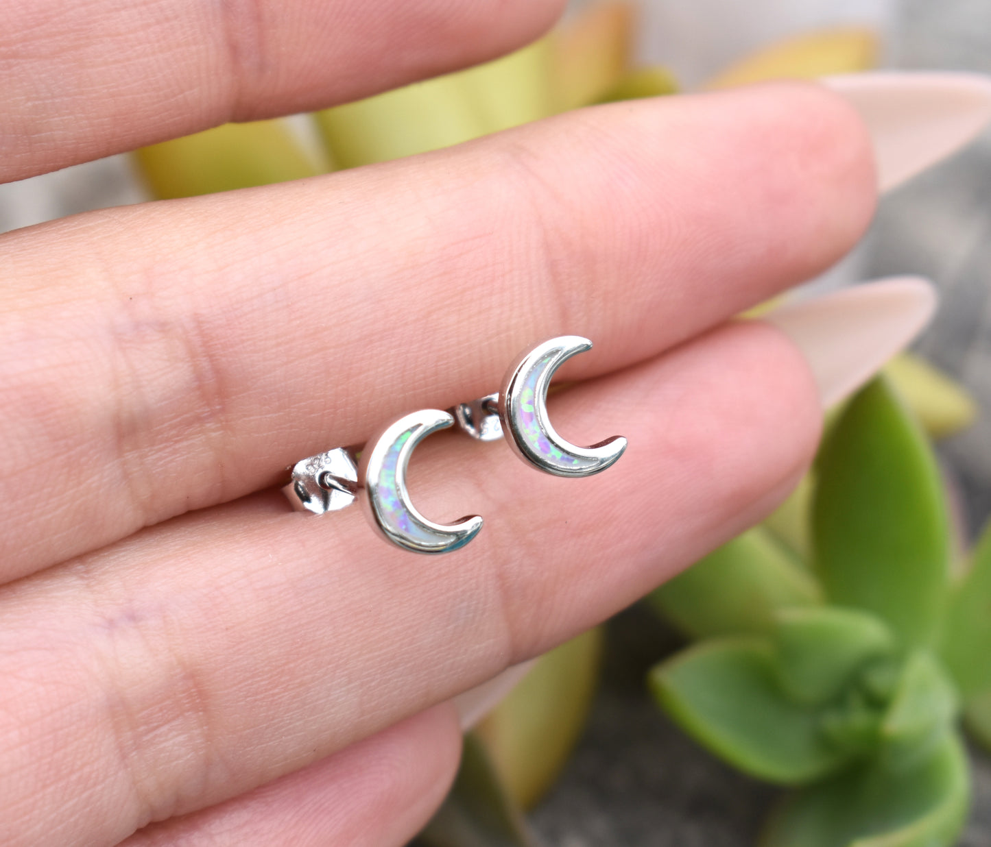 Moon Earrings- Crescent Moon Studs, Opal Moon Earrings- Opal Earrings