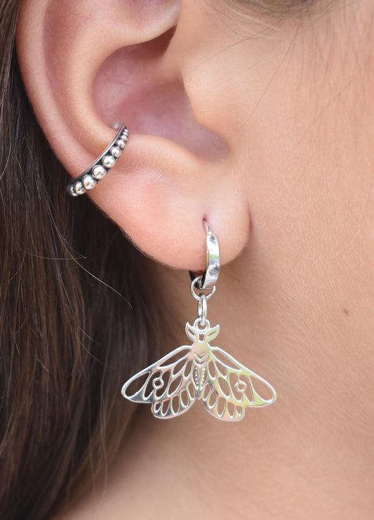 Moth Dangle Earrings-Huggie Hoops, Sterling Silver Hoops-Moth Jewelry