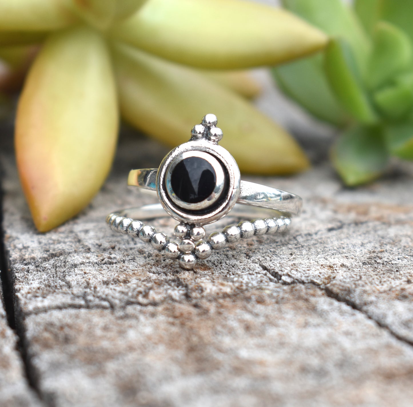 Bali Style Onyx Ring- Onyx Engagement Ring, Boho Ring-Sterling Silver Ring