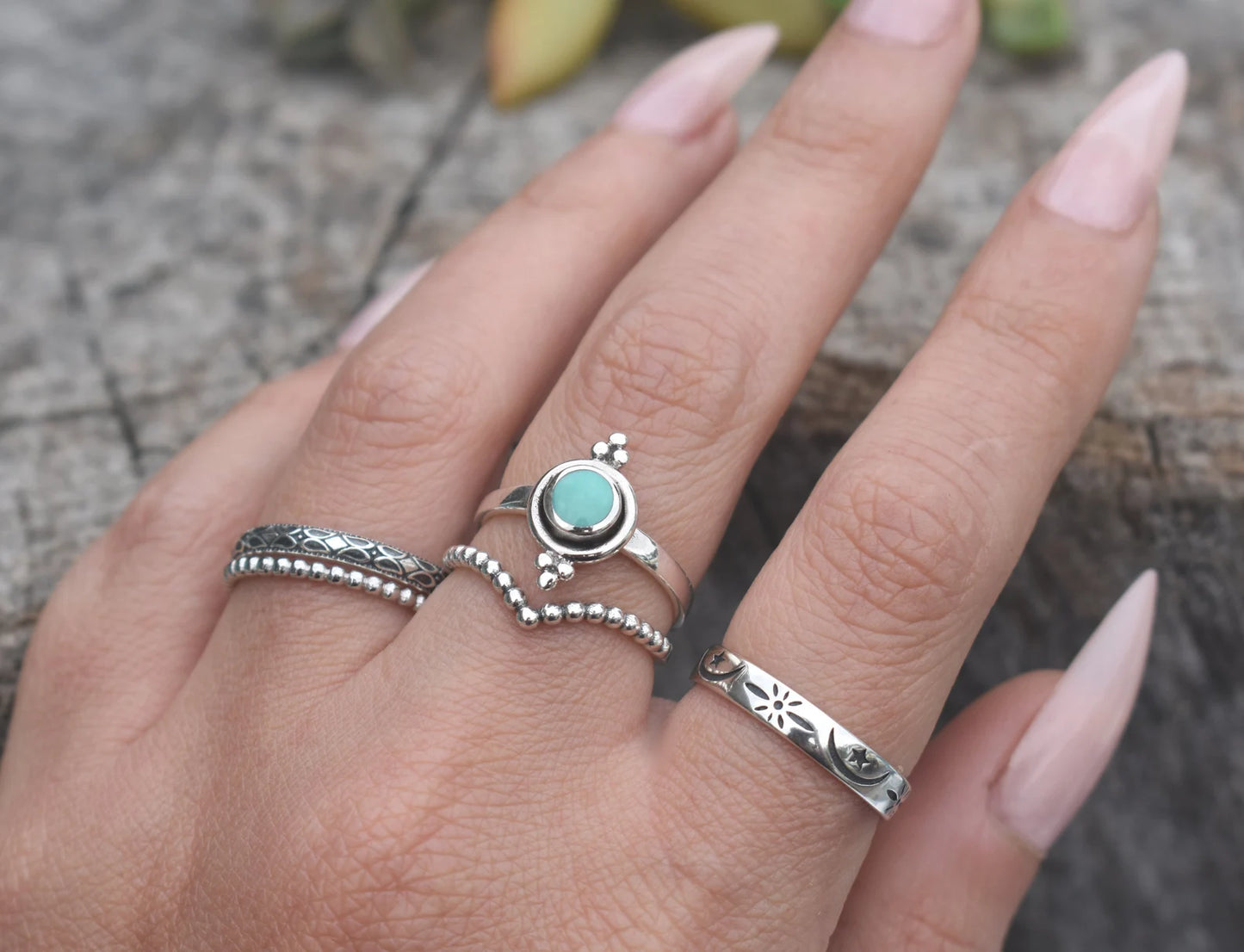 Bali Style Turquoise Ring- Engagement Ring Set- Sterling Silver Genuine Turquoise