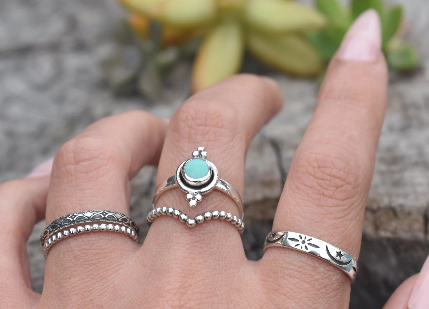 Bali Style Turquoise Ring- Engagement Ring Set- Sterling Silver Genuine Turquoise